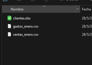 Archivos con datos de ventas, gastos y clientes